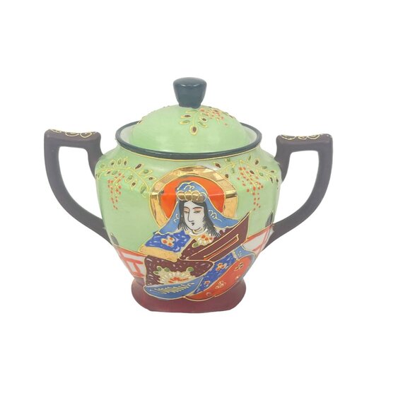 Vintage Satsuma Hand Painted Japanese Immortals Sugar Bowl with Handles and Lid - Picture 1 of 11